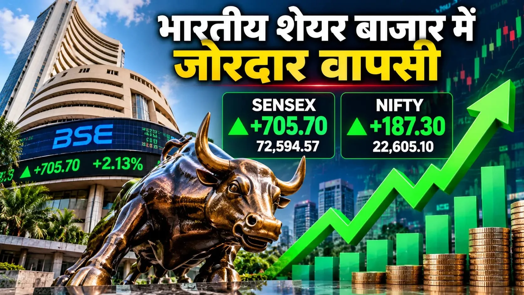 बाजार में तेजी: सेंसेक्स 700 अंक उछला और निफ्टी 22600 के करीब पहुंचा